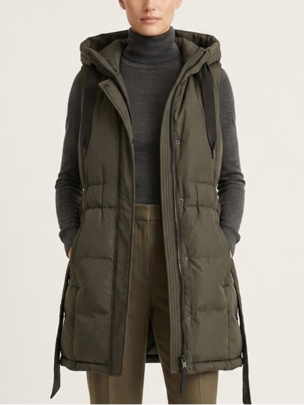 Sam Edelman Hooded Long Puffer Vest Dark Olive Green Small Adjustable Waist - S